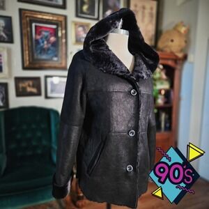 Vintage 90s Italian Shearling Hooded Coat Black Luxe Minimal Winter Jacket